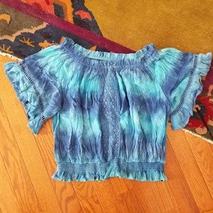 New Cropped Tie dyed turquoise crochet blouse Top